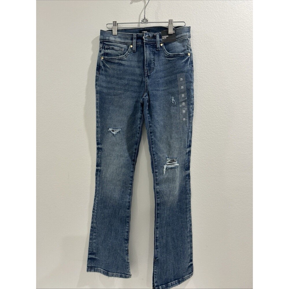 Express Jeans Womens 2S NWT Blue Denim Skyscraper Mid Rise Bootcut Distressed